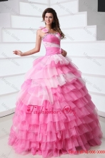Pink One Shoulder Beading Quinceanera Dress with Ruffles Layered FFQD043FOR