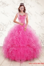 Popular 2015 Fall Sweetheart Hot Pink Quince Gown with Beading and Ruffles XFNAOA46TZFXFOR