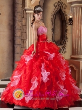 Red Ball Gown Strapless Floor-length Organza Dress For 2013 Guanica Puerto Rico Quinceanera Wholesale Style QDZY250FOR 