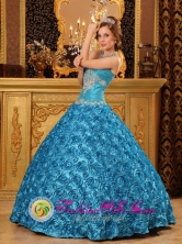 Teal Sweetheart Rolling Flowers Quinceanera Dress For 2013 Aguas Buenas Puerto Rico Appliques Ball Gown Wholesale  Style QDZY002FOR 