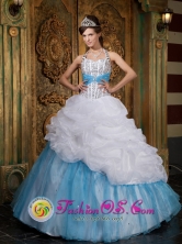A-line Wholesale Halter Lovely Beading and Pick-ups Organza White and Baby Blue For 2013 Quinceanera  In Araure Venezuela Style QDZY085FOR