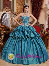 Arequipa Peru Sweetheart Pick ups and Appliques Turquoise Luxurious wholesale Quinceanera Dresses for Sweet 16 Style QDZY673FOR