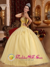 Beaded  Wholesale Decorate Sweetheart Light Yellow Floor-length Tulle Quinceanera Dresses For 2013 Spring Quinceanera In Mamporal Venezuela Style QDZY725FOR