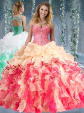 Beautiful Really Puffy Red and Champagne Beaded and Ruffled Quinceanera Dress 