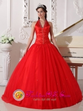 Customized Wholesale A-line Halter Beaded Decorate  Red Tulle Sweet 16 Dress In Santa Ana Venezuela Style QDZY682FOR 