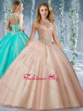 Fashionable Halter Top Champagne Quinceanera Dress with Appliques and Beading  SJQDDT525002FOR