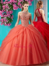 Lovely Halter Top Beaded and Applique Quinceanera Dress in Orange Red SJQDDT618002FOR