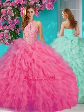 Lovely Halter Top Tulle Rose Pink Quinceanera Dress with Beading and Ruffles SJQDDT634002FOR