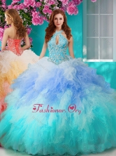 Lovely Rainbow Halter Top Sweet 16 Dress with Beading and Ruffles SJQDDT635002FOR