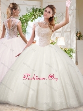 Lovely Through White Ball Gowns High Neck Sequins Beaded Quinceanera Dress with Zipper Up SJQDDT687002FOR