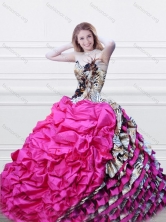 Lovely V Neck Fuchsia and Printed Quinceanera Dress with Feather and Bubbles XFQD996FOR