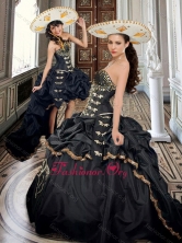Two For One Taffeta Beaded and Applique Black Quinceanera Dresses with Brush Train XFQD1021FOR