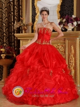 Wholesale Ruffles Wholesale Appliques Corset Decorate Red Organza Quinceanera Gowns Strapless For Sweet 16 In Juan Griego Venezuela Style QDZY077FOR 