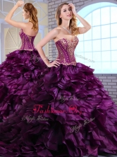 Wonderful Brush Train Dark Purple Sweet 16 Dresses with Ruffles and Appliques  QDDTM1002FOR