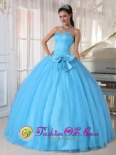 2013 Guadalajara de Buga   Colombia Wholesale Aqua Blue Tulle Ball Gown Quinceanera Dress Sweetheart with Beading and Bowknot Ruched Bodice  Style PDZY642FOR 