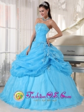 2013 Valencia Colombia Wholesale Fall Baby Blue Strapless Organza Ball Gown Appliques Quinceanera Dress with Pick-ups  Style PDZY687FOR