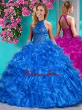 Beautiful Halter Top Beaded and Ruffled Sweet 16 Dress in Royal Blue SJQDDT617002FOR