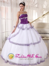 Calamar Colombia Wholesale Custom Made strapless White and Purple Organza Quinceanera Dress With Appliques and Layers  Style PDZY442FOR
