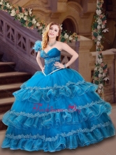 Classical Applique and Ruffled Blue Quinceanera Dress with One Shoulder XFQD1003FOR