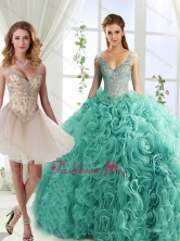 Gorgeous Rolling Flowers Deep V Neck Detachable Sweet 16 Quinceanera Dresses with Cap Sleeves