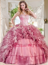 New Style Puffy Skirt Pink Sweet 16 Dress with Beading and RufflesSJQDDT737002FOR