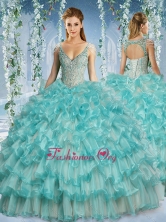Popular Deep V Neck Big Puffy Sweet 16 Quinceanera Dress with Beaded Decorated Cap Sleeves