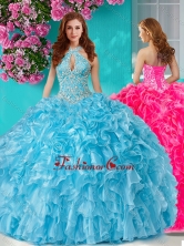 Simple Beaded and Ruffled Big Puffy Quinceanera Gown with Halter Top SJQDDT637002FOR