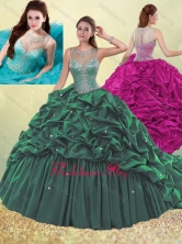 Simple See Through Beaded and Bubble Quinceanera Dress in Dark Green SJQDDT492002FOR