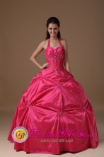 Tulua Colombia Customized Hot Pink Halter Wholesale Quinceanera Dress Beading and Pick-ups  Style FOR