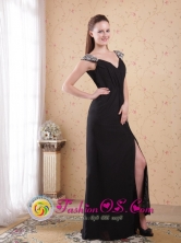 2013 Huacho Peru Black Column V neck and open back Brush Train Chiffon Beading and Ruch Prom Dress Style PDHXQ016FOR