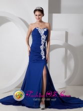 Casa Grande Peru Customer Made Blue Column Sweetheart Brush Train High Slit Chiffon Appliques and Ruch wholesale Prom Dress Style GNTB080817FOR