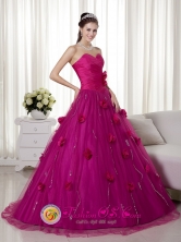 Chimbote Peru Spring Brush Train and Hand Made Flowers wholesale Quinceanera Dress With Fuchsia Sweetheart Style MLXN057FOR