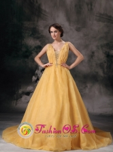 Customize Organza Beading Yellow V-neck Brush Train A-line Prom Evening Dress inRiberalta Bolivia Wholesale Style TXFD827013FOR