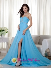 Customize Sexy Baby Blue Empire Sweetheart Brush Train Chiffon Beading and Ruch wholesale Prom Dress Style MLXN154FOR 
