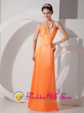 Pacasmayo Peru Customized Floor length Orange Red Halter Satin Beading Ruch wholesale Prom Dress Style LM080801FOR   