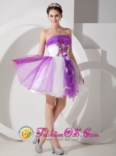 Sassy Purple and White A-line Mini-length Organza  Prom Dress Hand Made Flowers Feature IN Oruro Bolivia Wholesale Style MLXNHY07FOR 