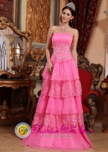 Sweet Pink Empire Strapless Floor-length Organza Lace Appliques Prom Pageant Dress for Party in Yacuiba Bolivia Wholesale Style QDZY586FOR 