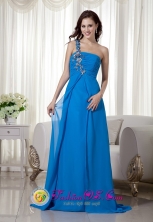 Talara Peru Customize Blue Empire One Shoulder Brush Train Chiffon Appliques wholesale Prom Dress Style MLXN047FOR