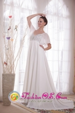 White Short sleeves A-Line V-neck Court Train Chiffon Beading Mother Of The Bride Dress for Spring in Oruro Bolivia Wholesale Style PDATS129FOR