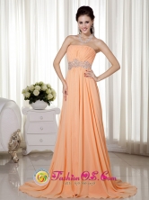 Cairns QLD Summer Wholesale Elegant Orange Red   Empire Strapless Brush Train Chiffon Beading and Ruch   Dama Dress Style MLXN149FOR