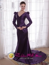 Dark Purple V-neck long Sleeves Sheath Brush Taffeta Mother of the Bride Dress In Comayagua Honduras Wholesale Style PDHXQ195275FOR