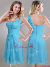 Elegant One Shoulder Ruched Chiffon Dama Dress in Aqua Blue THPD237FOR