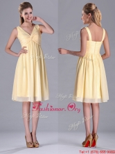 Empire Light Yellow V Neck Knee Length Short Dama Dress with Ruching THPD264FOR