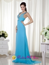 Geelong VIC Wholesale Summer Sexy Baby Blue Column V-neck Brush Train Chiffon Beading and Ruch Dama Dress Style MLXN148FOR  