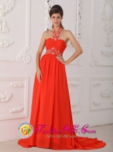 Halter Red Evening Dress  Empire Court Train Chiffon Beading for 2013 Dorado Puerto Rico Summer Wholesale  Style PDML092FOR