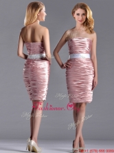 Lovely Column Peach Dama Dress with Ruching and White Belt THPD133FOR