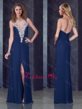 Navy Blue Halter Top Dama Dress with High Slit and Appliques PME1892FOR