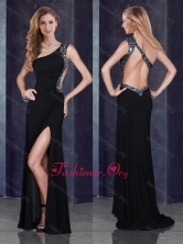 One Shoulder Backless Black Dama Dress with Beading and High Slit PME1887FOR