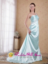 One Shoulder Light Blue Brush Train Ruch Empire Elastic Woven Satin Beading Homecoming Dress In Olanchito Honduras Wholesale Style PDHXQ066FOR