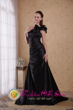 Perth WA Wholesale One Shoulder Black Princess Court Train Taffeta Beading and Ruch Dama Dress For Spring Style PDHXQ037FOR 